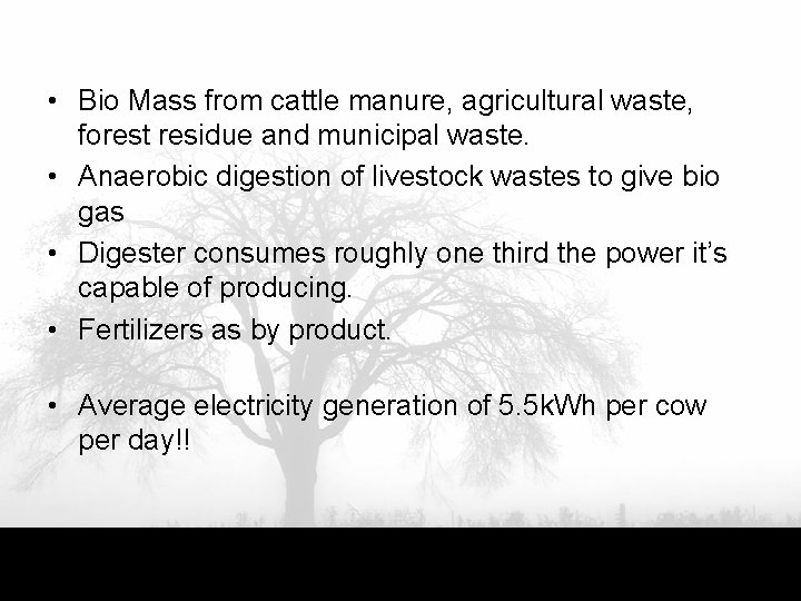  • Bio Mass from cattle manure, agricultural waste, forest residue and municipal waste.