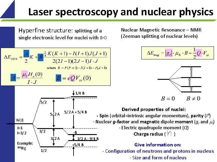 Laser spectroscopy and nuclear physics Hyperfine structure: splitting of a single electronic level for