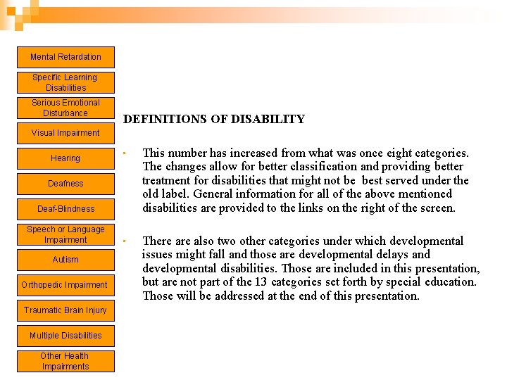 Mental Retardation Specific Learning Disabilities Serious Emotional Disturbance DEFINITIONS OF DISABILITY Visual Impairment Hearing
