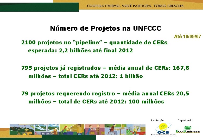 Número de Projetos na UNFCCC Até 19/09/07 2100 projetos no “pipeline” – quantidade de