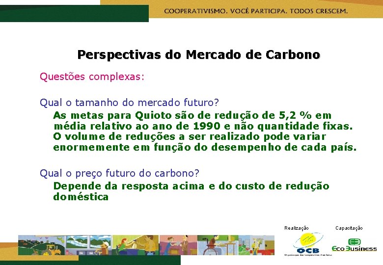 Perspectivas do Mercado de Carbono Questões complexas: Qual o tamanho do mercado futuro? As