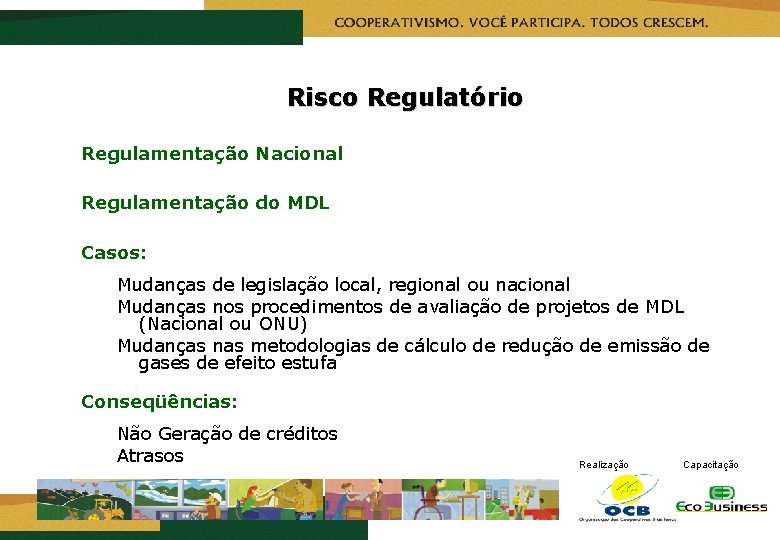 Risco Regulatório Regulamentação Nacional Regulamentação do MDL Casos: Mudanças de legislação local, regional ou