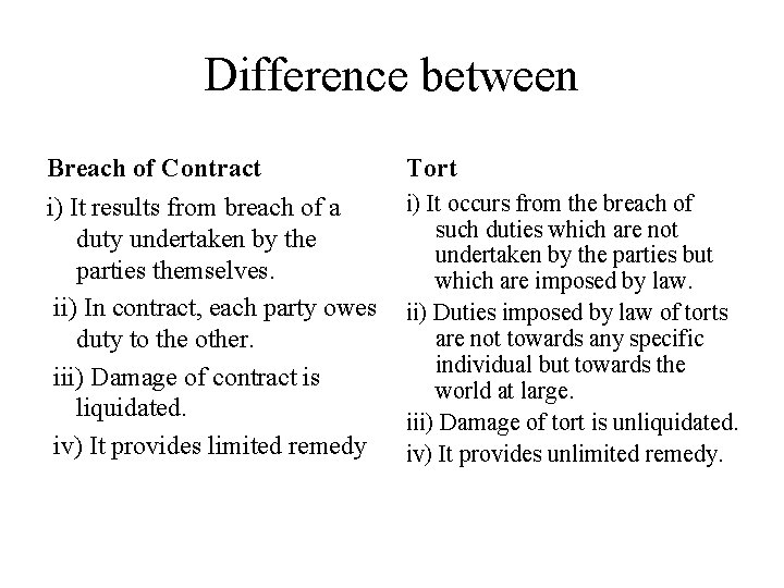 Difference between Breach of Contract Tort i) It results from breach of a duty