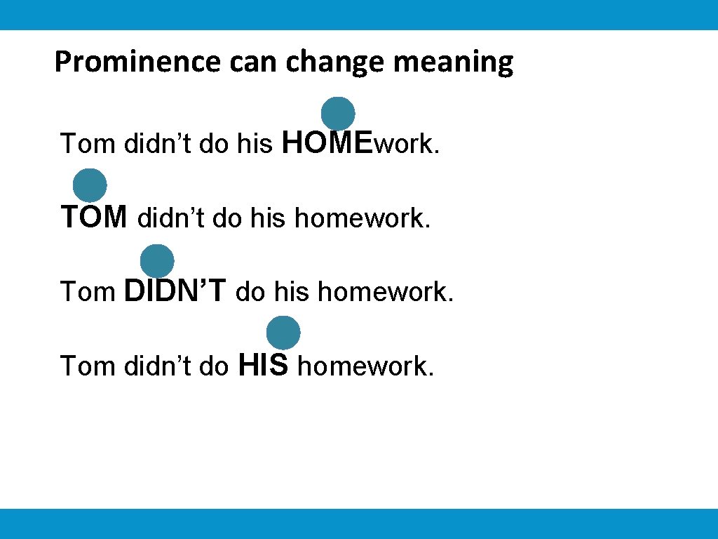 Prominence can change meaning Tom didn’t do his HOMEwork. TOM didn’t do his homework.