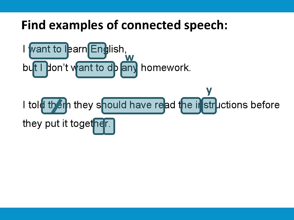 Find examples of connected speech: I want to learn English, w but I don’t
