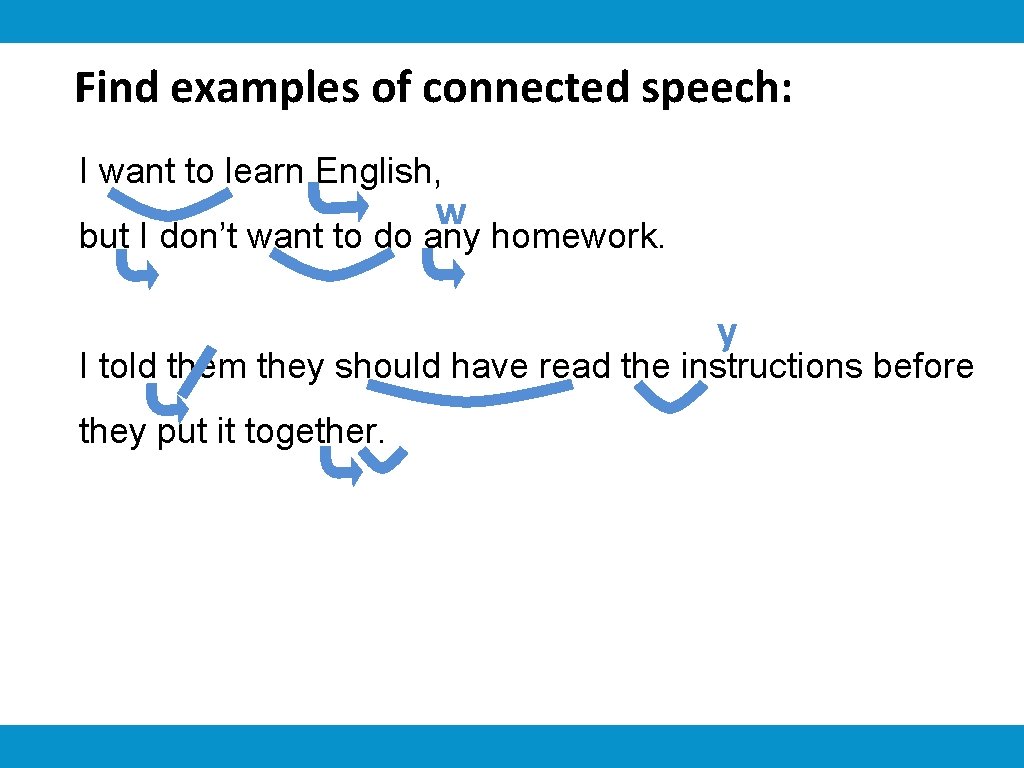 Find examples of connected speech: I want to learn English, w but I don’t
