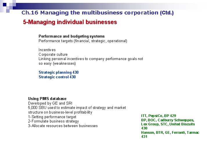 Ch. 16 Managing the multibusiness corporation (Ctd. ) 5 -Managing individual businesses Performance and