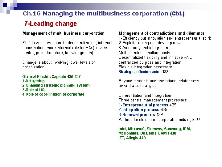 Ch. 16 Managing the multibusiness corporation (Ctd. ) 7 -Leading change Management of multi-business