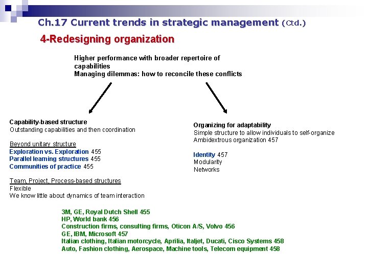 Ch. 17 Current trends in strategic management (Ctd. ) 4 -Redesigning organization Higher performance