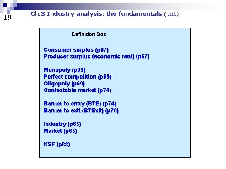19 Ch. 3 Industry analysis: the fundamentals Definition Box Consumer surplus (p 67) Producer