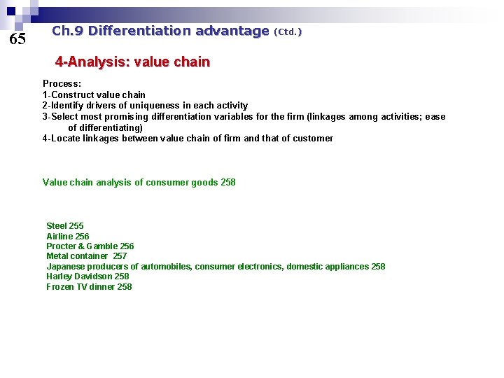 65 Ch. 9 Differentiation advantage (Ctd. ) 4 -Analysis: value chain Process: 1 -Construct