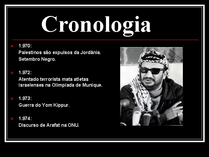 Cronologia n 1. 970: Palestinos são expulsos da Jordânia. Setembro Negro. n 1. 972: