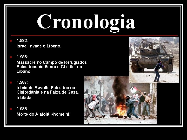 Cronologia n 1. 982: Israel invade o Líbano. n 1. 985: Massacre no Campo