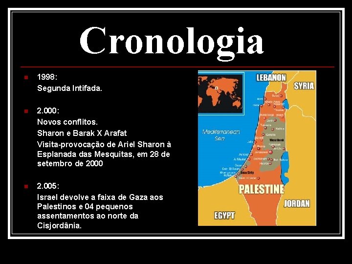 Cronologia n 1998: Segunda Intifada. n 2. 000: Novos conflitos. Sharon e Barak X
