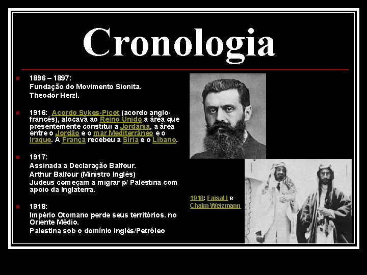 Cronologia n 1896 – 1897: Fundação do Movimento Sionita. Theodor Herzl. n 1916: Acordo