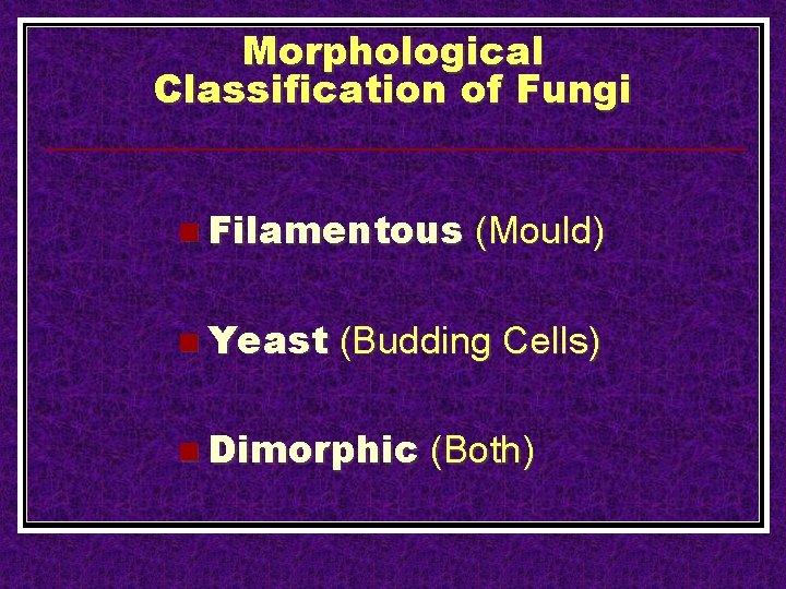 Morphological Classification of Fungi n Filamentous n Yeast (Mould) (Budding Cells) n Dimorphic (Both)