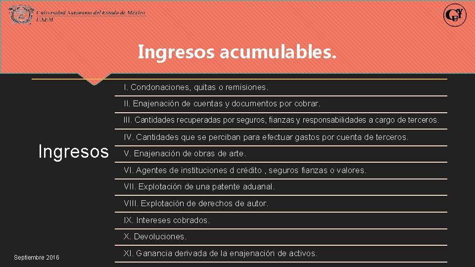 Ingresos acumulables. I. Condonaciones, quitas o remisiones. II. Enajenación de cuentas y documentos por