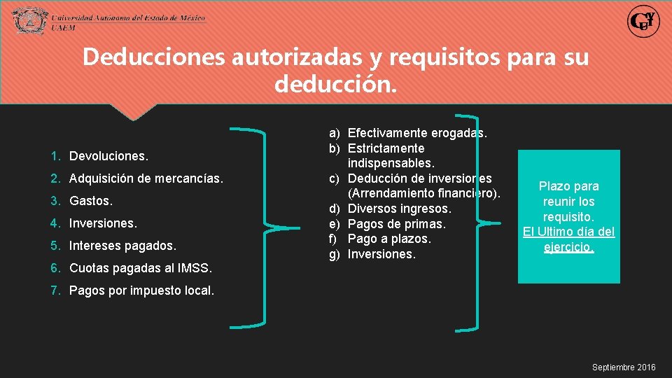 Deducciones autorizadas y requisitos para su deducción. 1. Devoluciones. 2. Adquisición de mercancías. 3.