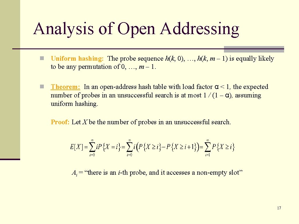 Analysis of Open Addressing n Uniform hashing: The probe sequence h(k, 0), …, h(k,