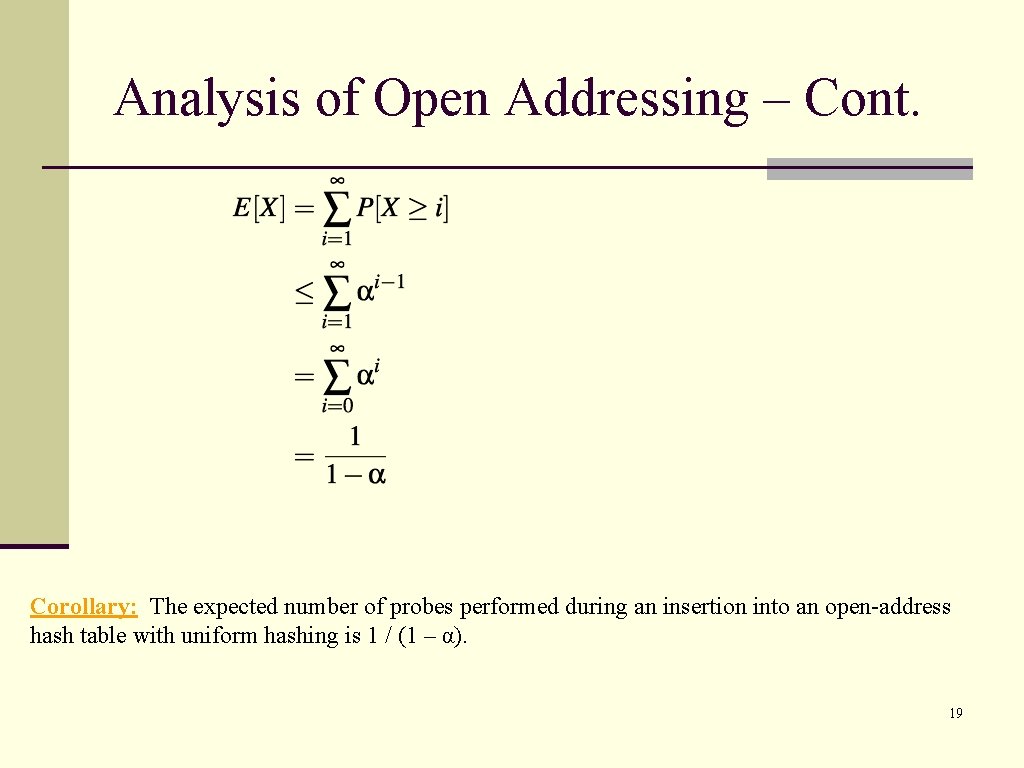 Analysis of Open Addressing – Cont. Corollary: The expected number of probes performed during