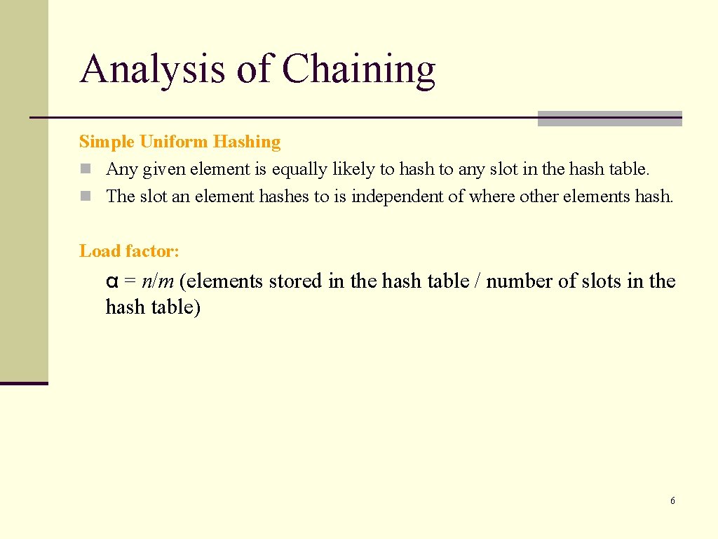 Analysis of Chaining Simple Uniform Hashing n Any given element is equally likely to
