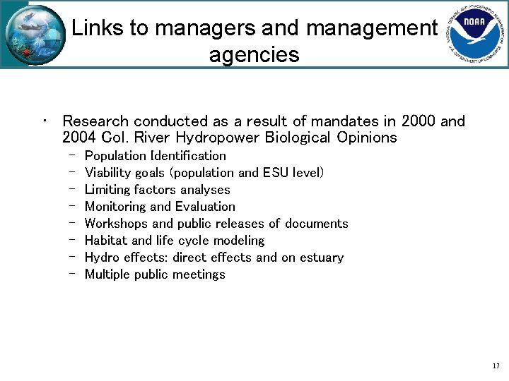 Links to managers and management agencies • Research conducted as a result of mandates