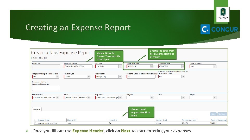 Creating an Expense Report Update Name to Blanket Travel and the month/year Change the