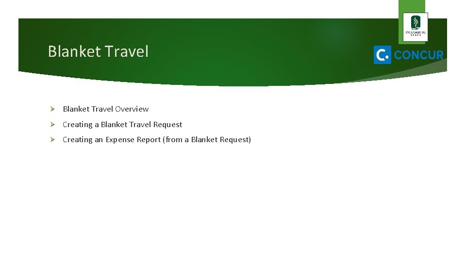 Blanket Travel Ø Blanket Travel Overview Ø Creating a Blanket Travel Request Ø Creating