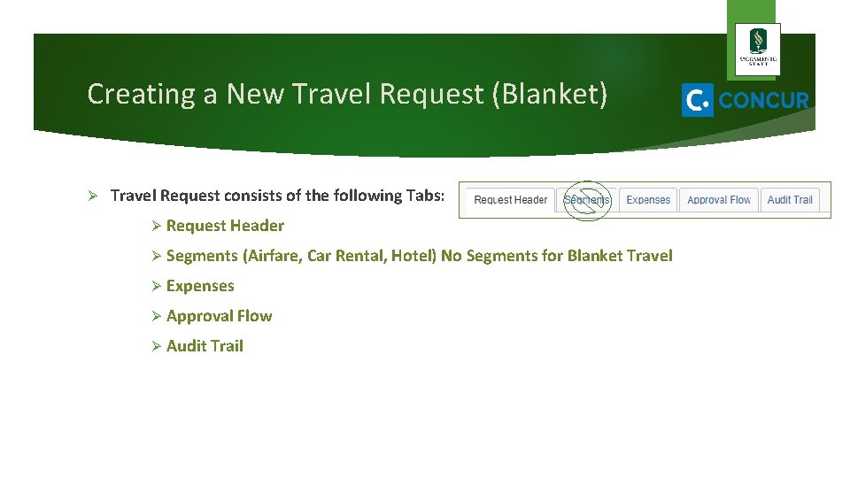 Creating a New Travel Request (Blanket) Ø Travel Request consists of the following Tabs: