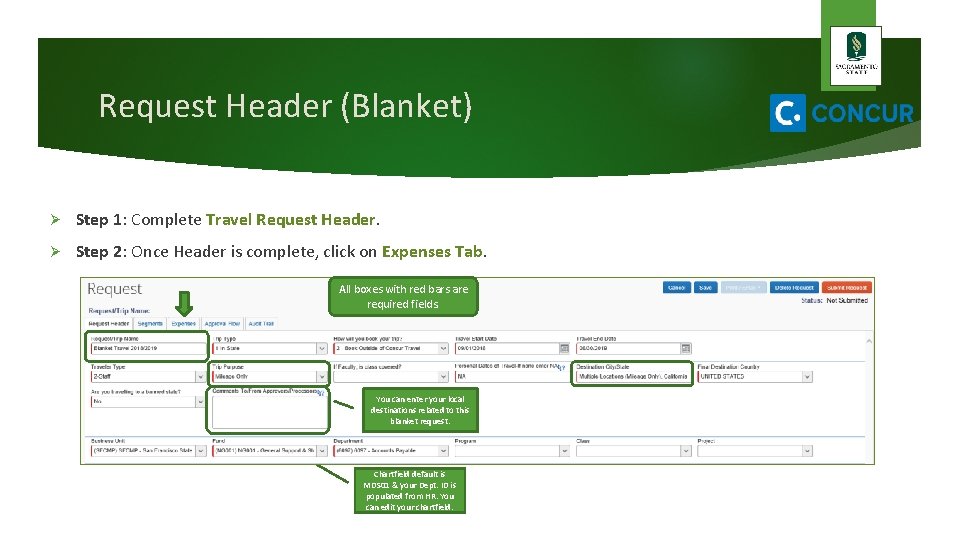 Request Header (Blanket) Ø Step 1: Complete Travel Request Header. Ø Step 2: Once