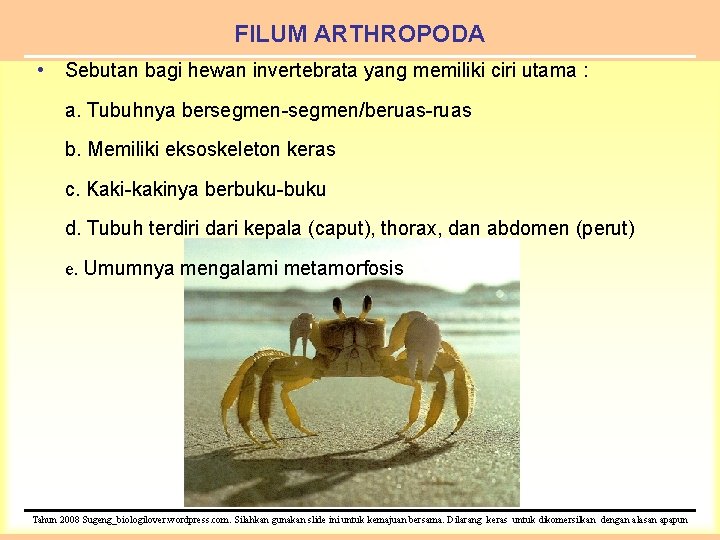 FILUM ARTHROPODA • Sebutan bagi hewan invertebrata yang memiliki ciri utama : a. Tubuhnya