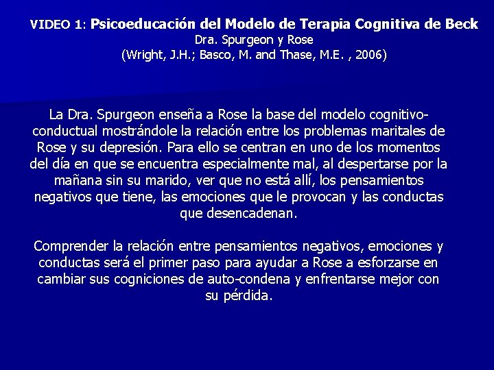 VIDEO 1: Psicoeducación del Modelo de Terapia Cognitiva de Beck Dra. Spurgeon y Rose