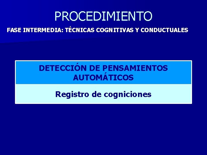 PROCEDIMIENTO FASE INTERMEDIA: TÉCNICAS COGNITIVAS Y CONDUCTUALES DETECCIÓN DE PENSAMIENTOS AUTOMÁTICOS Registro de cogniciones