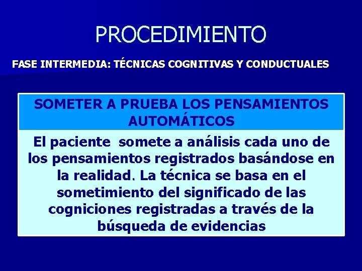 PROCEDIMIENTO FASE INTERMEDIA: TÉCNICAS COGNITIVAS Y CONDUCTUALES SOMETER A PRUEBA LOS PENSAMIENTOS AUTOMÁTICOS El