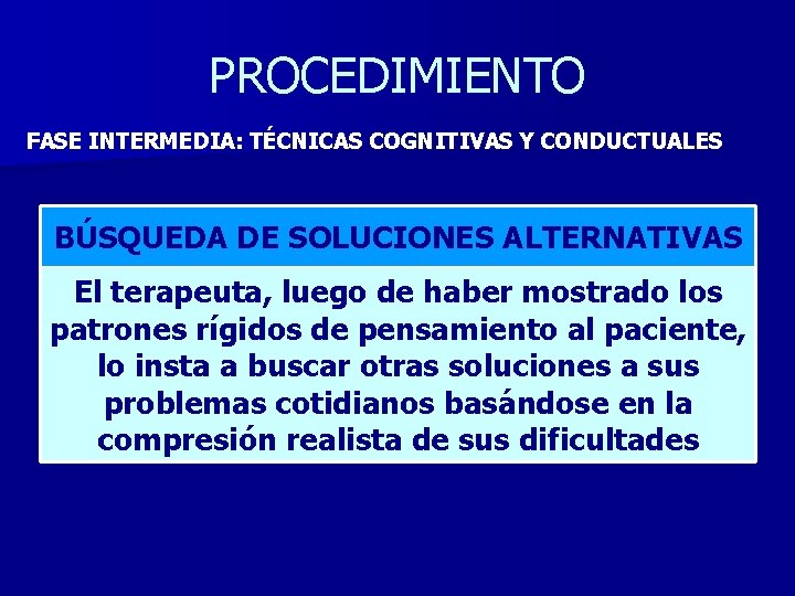 PROCEDIMIENTO FASE INTERMEDIA: TÉCNICAS COGNITIVAS Y CONDUCTUALES BÚSQUEDA DE SOLUCIONES ALTERNATIVAS El terapeuta, luego