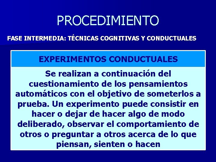 PROCEDIMIENTO FASE INTERMEDIA: TÉCNICAS COGNITIVAS Y CONDUCTUALES EXPERIMENTOS CONDUCTUALES Se realizan a continuación del