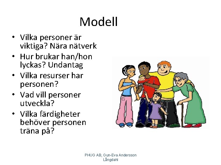 Modell • Vilka personer är viktiga? Nära nätverk • Hur brukar han/hon lyckas? Undantag