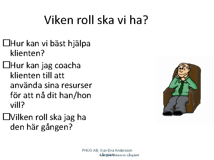 Viken roll ska vi ha? �Hur kan vi bäst hjälpa klienten? �Hur kan jag