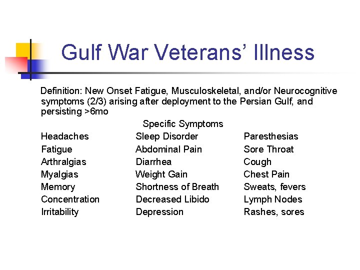 Gulf War Veterans’ Illness Definition: New Onset Fatigue, Musculoskeletal, and/or Neurocognitive symptoms (2/3) arising