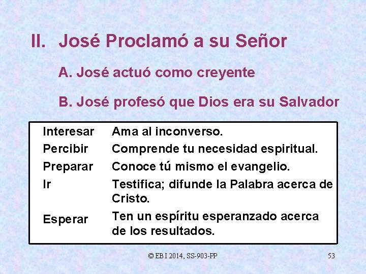 II. José Proclamó a su Señor A. José actuó como creyente B. José profesó