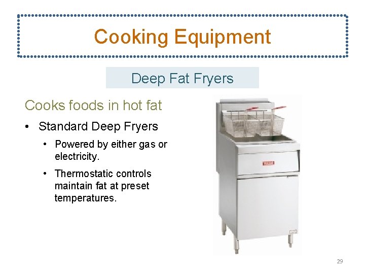 Cooking Equipment Deep Fat Fryers Cooks foods in hot fat • Standard Deep Fryers