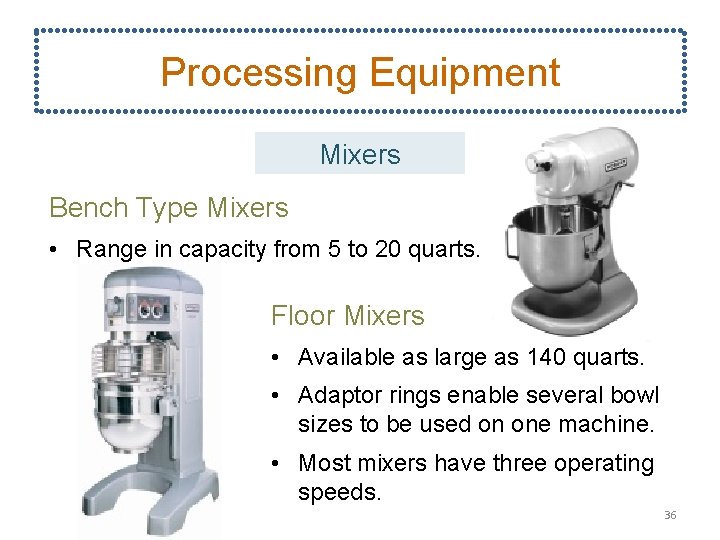 Processing Equipment Mixers Bench Type Mixers • Range in capacity from 5 to 20