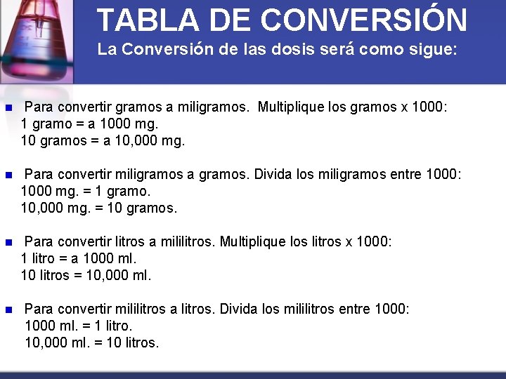 TABLA DE CONVERSIÓN La Conversión de las dosis será como sigue: n Para convertir