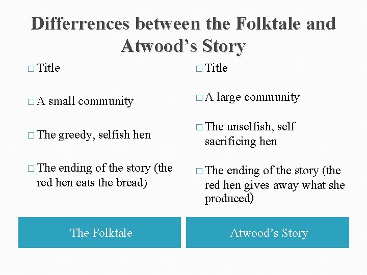 Differrences between the Folktale and Atwood’s Story � Title � A small community �