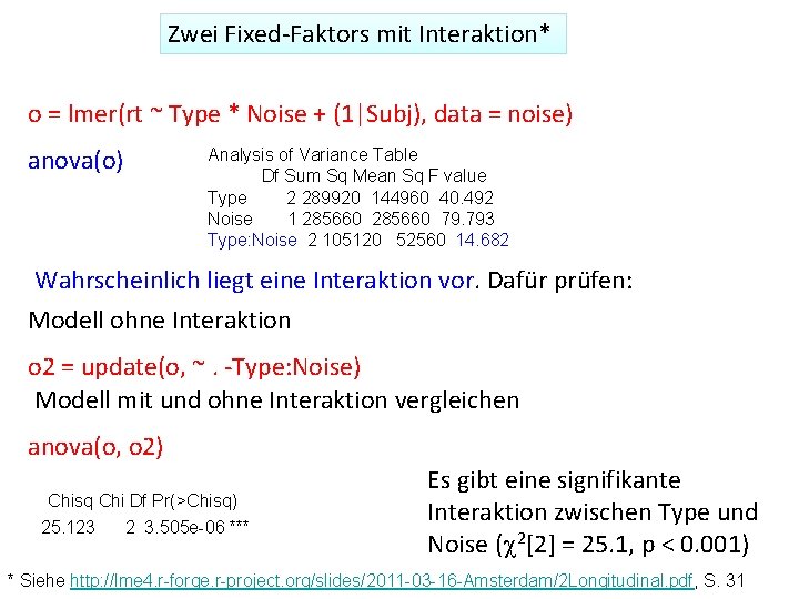 Zwei Fixed‐Faktors mit Interaktion* o = lmer(rt ~ Type * Noise + (1|Subj), data