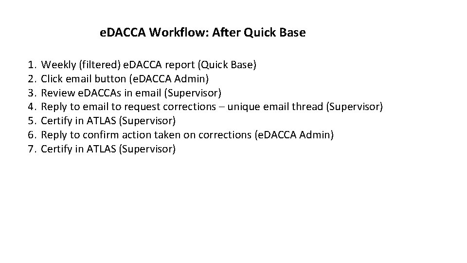 e. DACCA Workflow: After Quick Base 1. 2. 3. 4. 5. 6. 7. Weekly