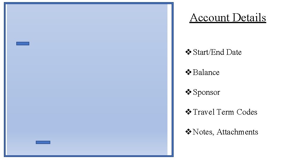 Account Details v Start/End Date v Balance v Sponsor v Travel Term Codes v