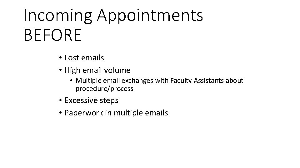 Incoming Appointments BEFORE • Lost emails • High email volume • Multiple email exchanges