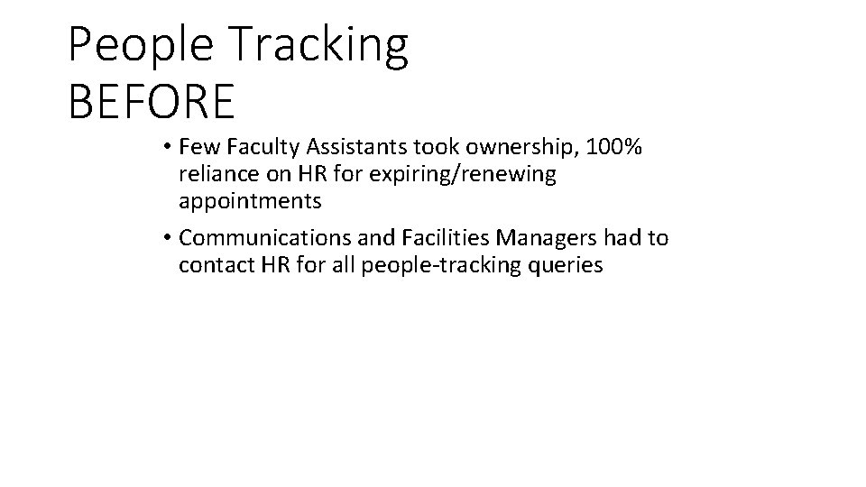 People Tracking BEFORE • Few Faculty Assistants took ownership, 100% reliance on HR for