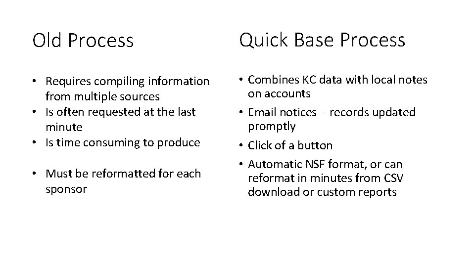 Old Process Quick Base Process • Requires compiling information from multiple sources • Is